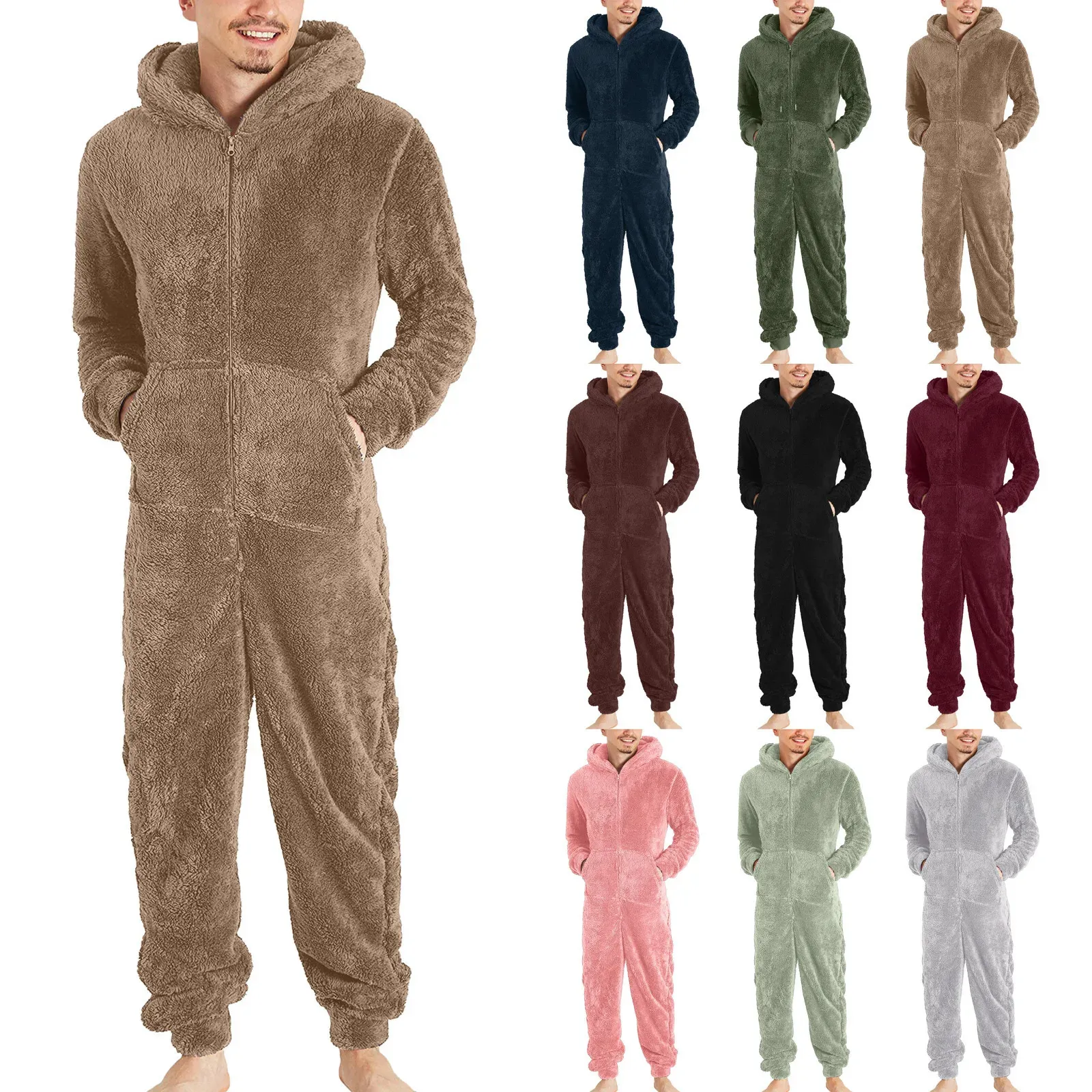 Mäns sömnkläder män konstgjord ull långärmad pyjamas avslappnad fast färg blixtlås lös huva jumpsuit vinter varm rompe 1 231102