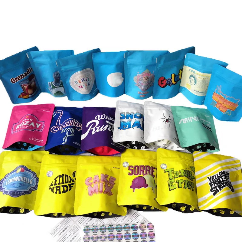 Sacchetti vuoti in Mylar da 3,5 g California Pink White Runtz Gelatti Gary Payton Runty Bag Zerbert Gelato commestibili Runts Borsa a prova di odore Confezione in Mylar Confezione con cerniera