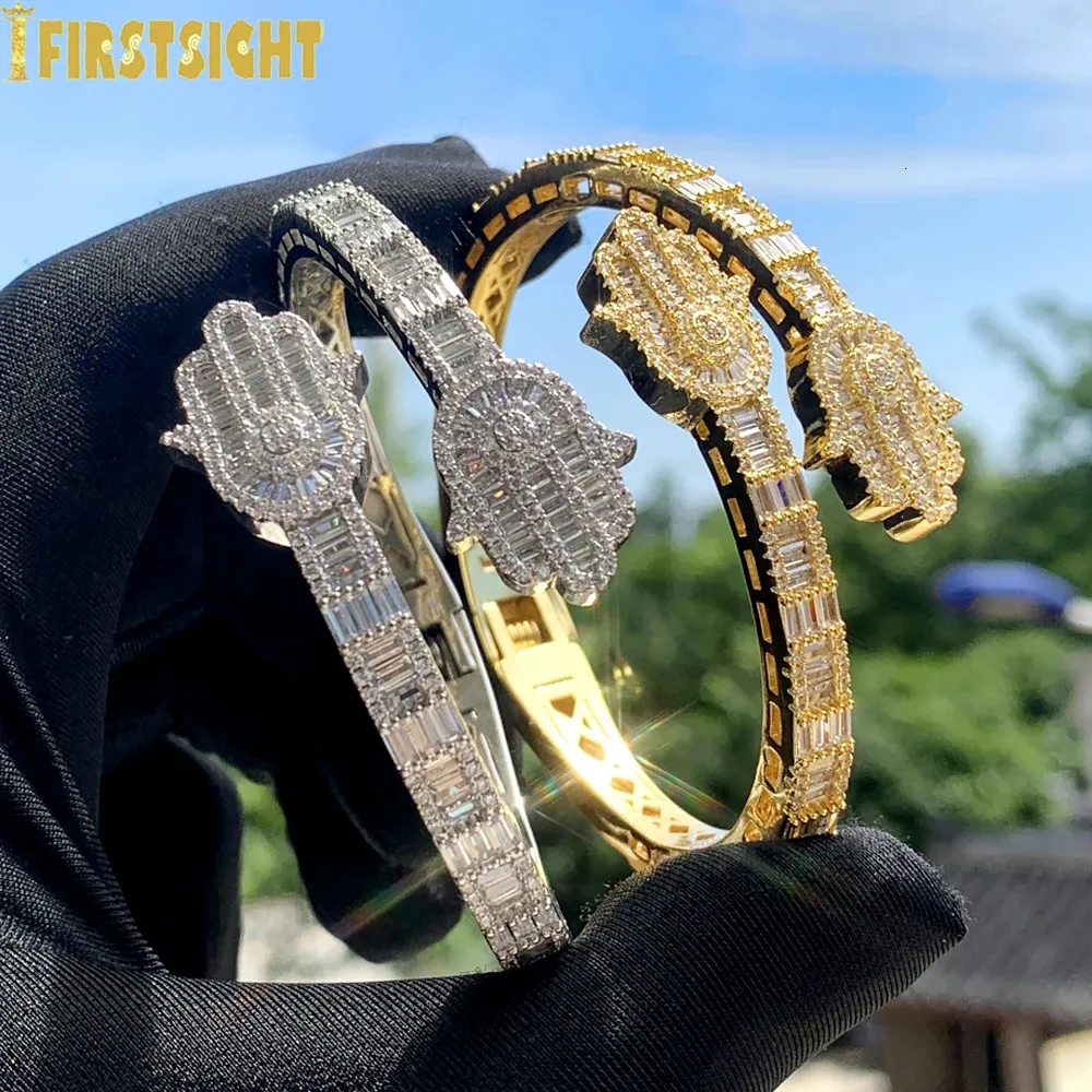 Charm Bracelets Iced Out Bling Eyes Of The Angel Fatima Bracelet CZ Zircon Hamsa Hand Opened Bangle For Men Women Hip Hop Luxury Jewelry 231102