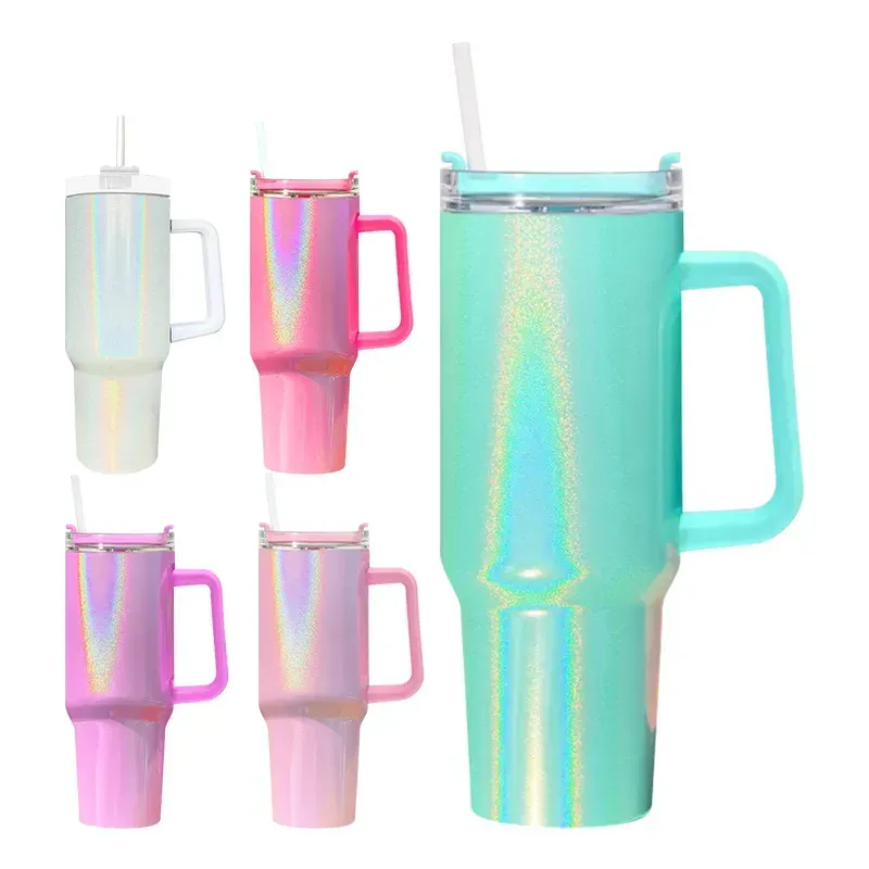 New 40oz stainless steel Glitter tumbler with handle lid straw big capacity Shimmer glossy water bottle outdoor camping cup vacuum insulated travel mugs