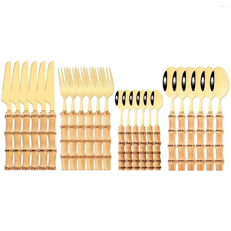 Conjuntos de louça 24 pcs conjunto de aço inoxidável de ouro imitação de bambu lidar com talheres faca garfo colher de café talheres cozinha utensílios de mesa