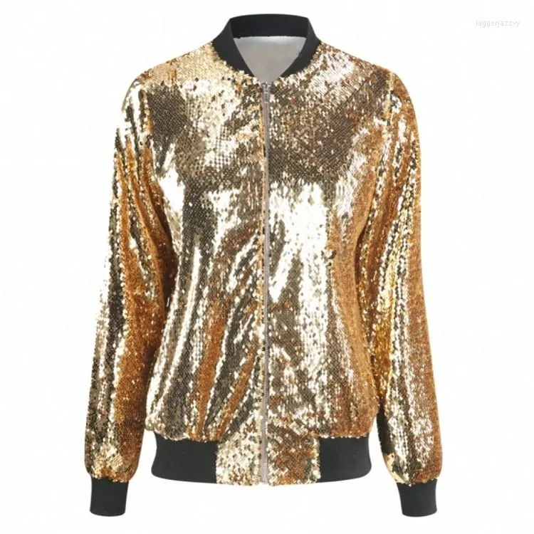 Kvinnors jackor ytterkläder 2023 sequined jacka svart guld röd silver långärmad stand-krage zip up koreansk stil lös päls