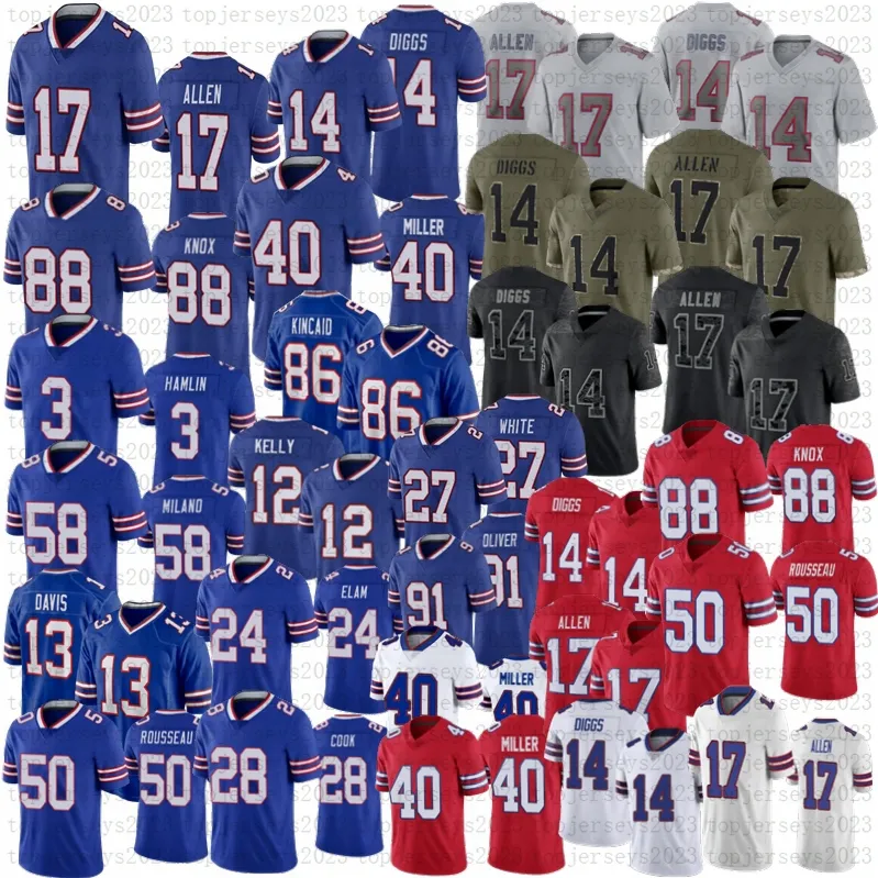 Josh Allen Dalton Kincaid Football Jersey von Miller Dawson Knox Jim Kelly Matt Milano Gregory Rousseau Damar Hamlin