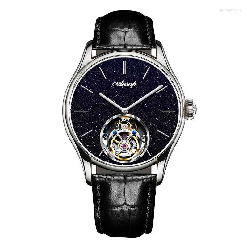 Armbandsur Aesop Flying Skeleton Tourbillon Watch Real Diamond Mechanical Waterproof Luxury Synthetic Sapphire Clock 7050