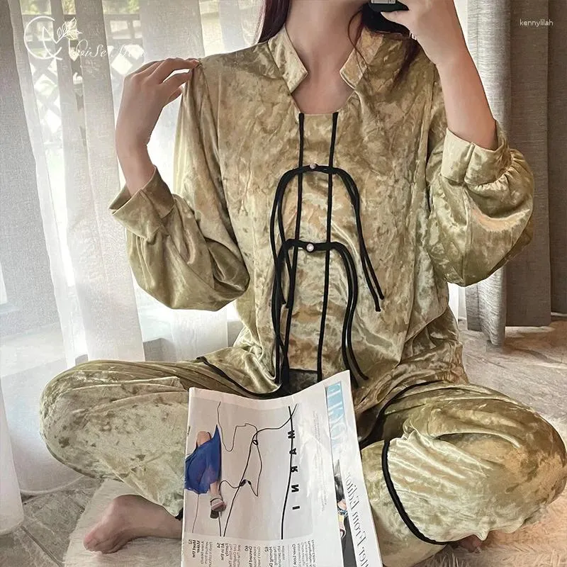 Женская одежда для сна, осенне-зимняя китайская пижама на пуговицах, плотная пижама золотого бархата, сексуальная домашняя одежда, велюровая пижама, элегантный костюм