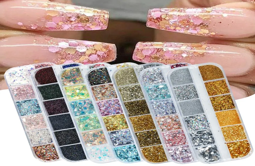 Vários estilos de lantejoulas holográficas para unhas, flocos de glitter, 12 peças em 1, ouro rosa, prata, faça você mesmo, borboleta, pó de imersão para unhas acrílicas ar2530751