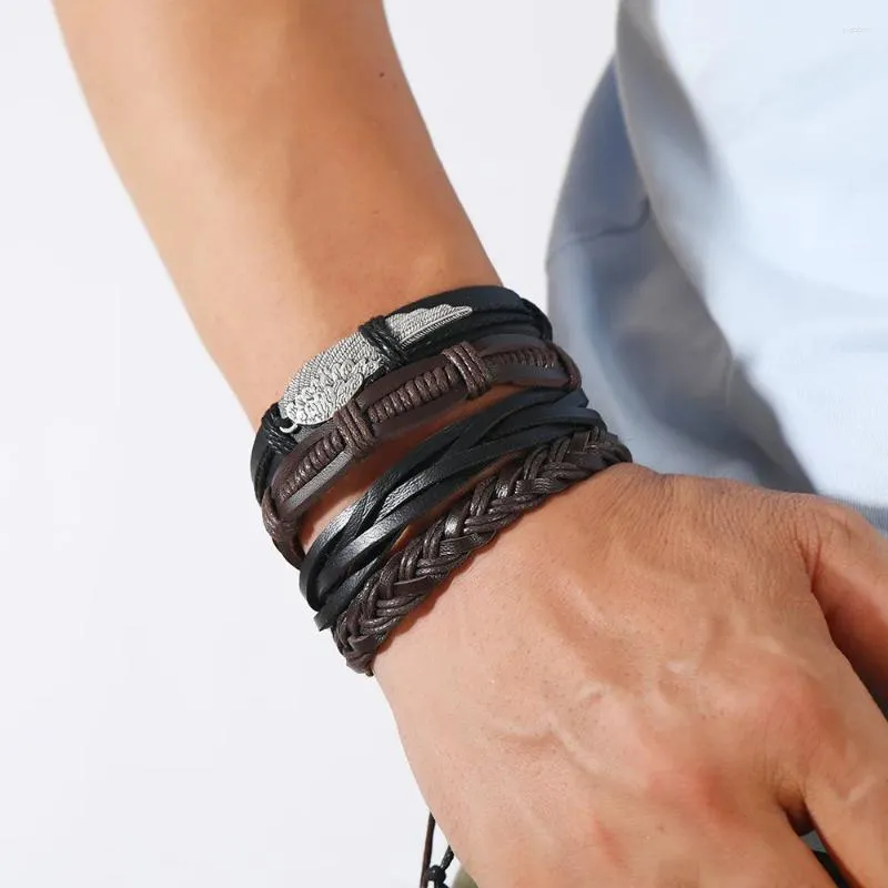 Charme pulseiras pulseira de couro para homens moda tendência criativa pena multi-camada combinação tecido conjunto jóias