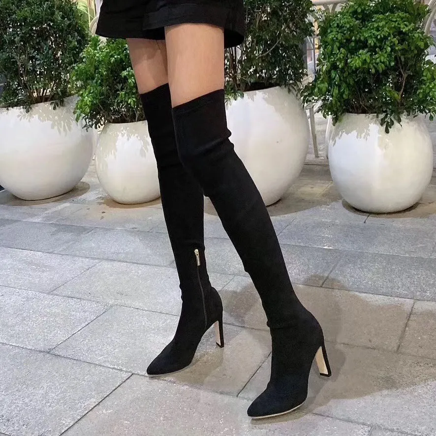 Stretch-Suede Heeled Pumpar Over-Knee Boots Stiletto High Heels Pointed Toe Tall Boot Women Luxury Designer Fashion Evening Party Shoes Factory Factory Factwear Storlek 34-40