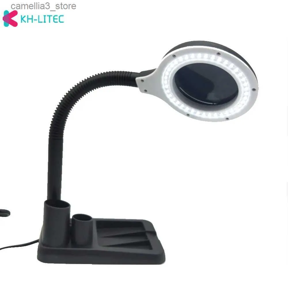 Skrivbordslampor EU -plugg 220V Hantverk Glaslins LED -skrivbord Magnifier Lamp Light 5x 10x Förstoring Desktop Loupe Reparationsverktyg med 40 lysdioder Stand Q231104