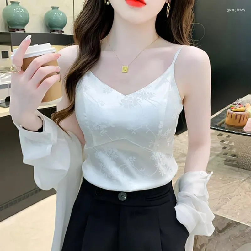 Women's Blouses Satin Women Blouse Printed Jacquard Tank Tops Korean Fashion Vest Clothing Sleeveless Sexy Womens Solid Basic