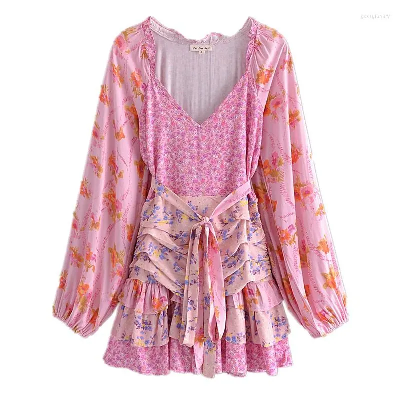 Casual Dresses Romantic Pink Patchwork Floral Print Lantern Sleeve Dress Vintage Ruched Pleated Midje Ruffles Hem Women Holiday Vestido