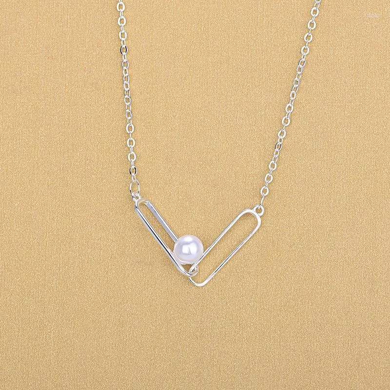 Pendant Necklaces Geometric Silver Color Double Pin Pearl Jewelry For Women Collar