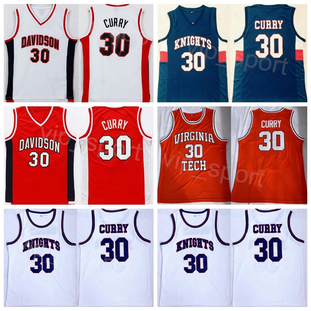 Maglia Davidson Wildcats College Stephen Curry 30 Maglia da basket High School Virginia Tech e Knights University Maglia cucita Team Blu navy Bianco Rosso Arancione NCAA