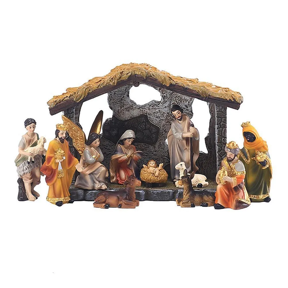 Decorative Objects Figurines Nativity Set With Figures The Real Life Jesus Manger Christmas Crib Ornament Church Xmas Gift Home Decoration 230403