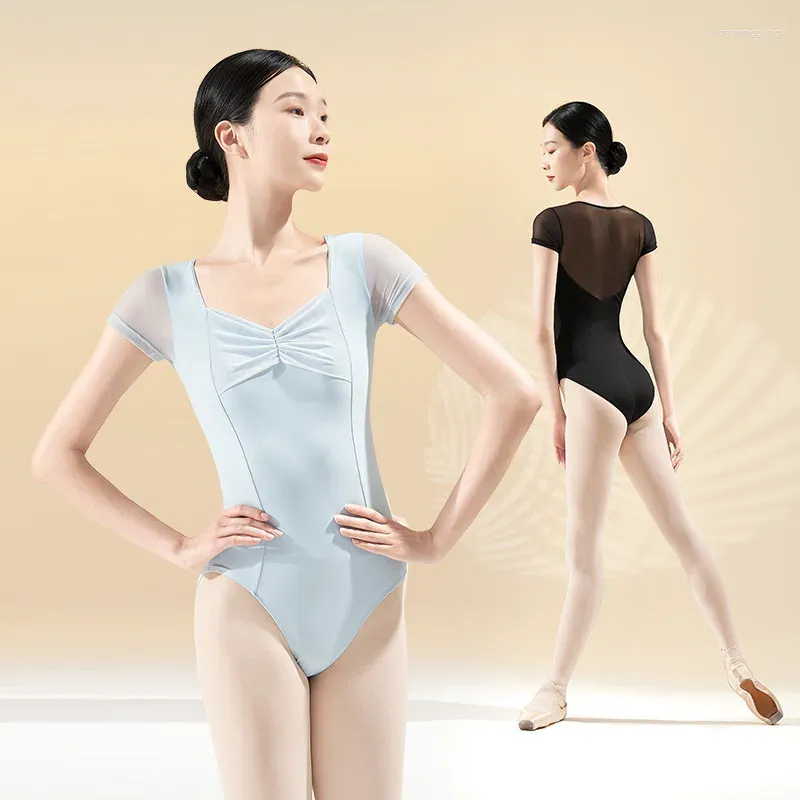 Scene Wear Women Ballet Leotards Drawstring Gleats Mesh Splice Dance Costume Gymnastics Yoga Badkläder Leotard Elegant bodysuit