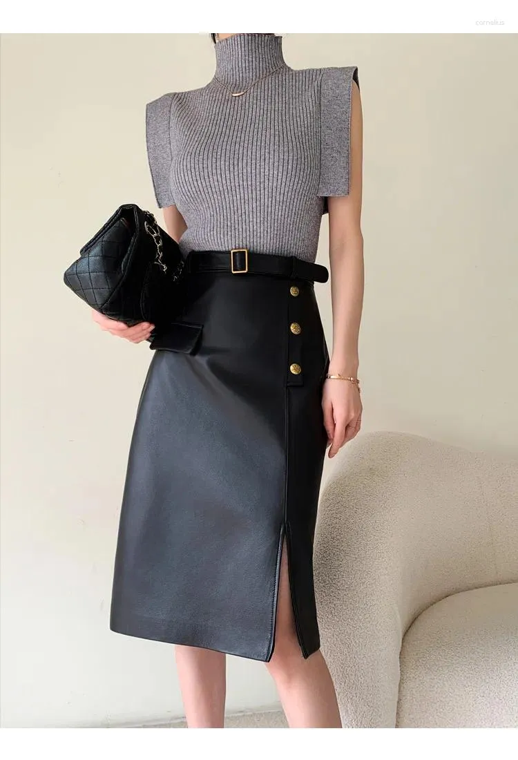 Kjolar svart kjol äkta läder 2023 koreanska modekontor damer midi blyerts hög midja med bälte