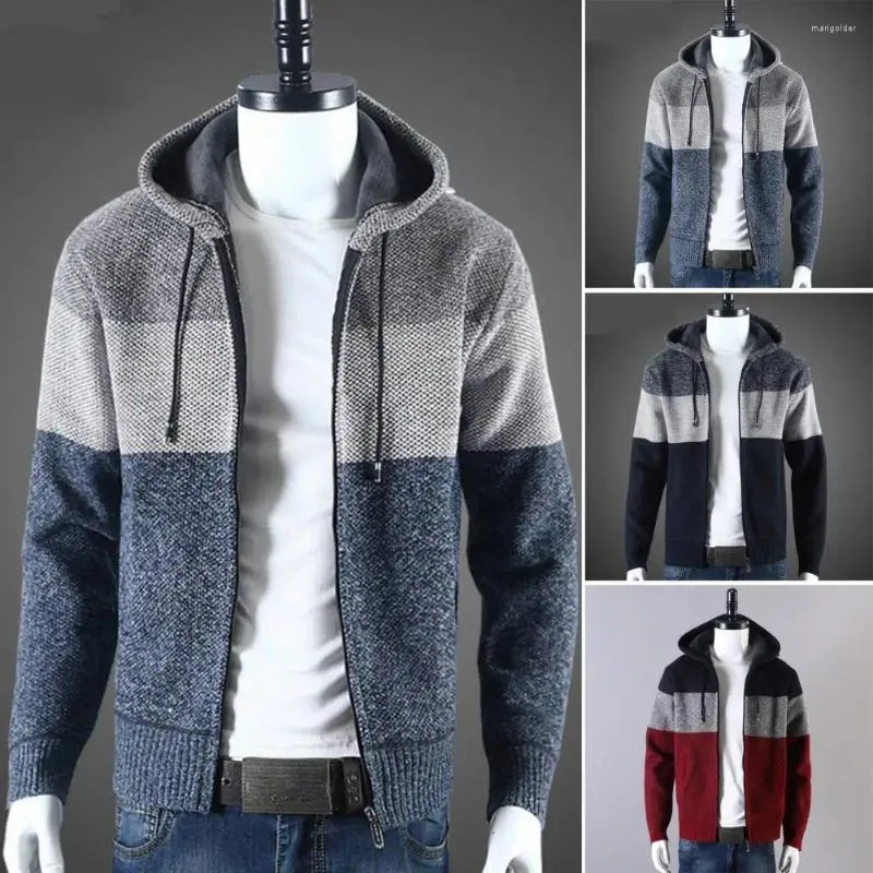 メンズセーターニットメンジャケットカラーブロックフード付きセーター冬の秋のための温かいスタイリッシュな居心地の良いカーディガンコート