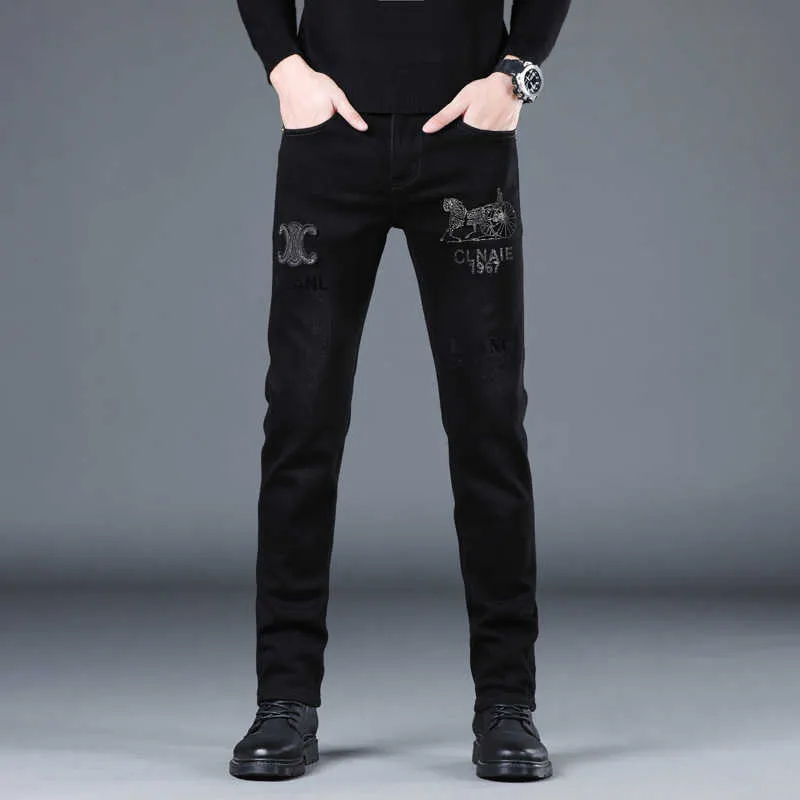 Jeans masculinos designer luxo ce novo preto diamante quente high end para slim fit pés pequenos tendência bordado calças elásticas outono e inverno po3u