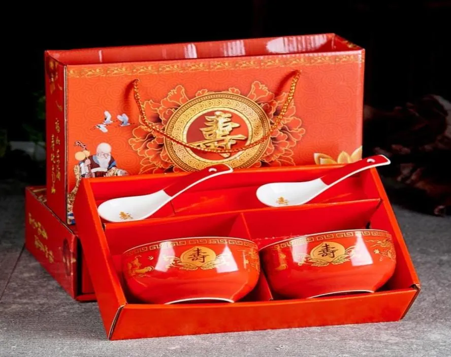 Çin uğurlu sofra takımı seti kırmızı sarı seramik porselen yemek takımı doğum günü ramen kaseleri çorba pirinç kase hediye ev dekor c9716469