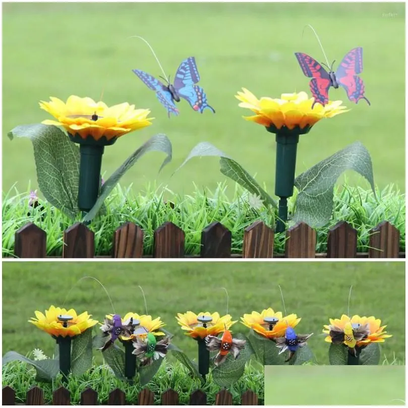 Trädgårdsdekorationer Solenergi Flying Butterfly Bird Sunflower Yard Stake Ornament Decoroutdoor Decor Flower Pot DHM5V