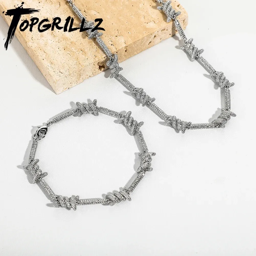 Ohrstecker TOPGRILLZ Farbbeständiges wasserdichtes Schmuckset 10 mm versetztes Muster Länge Xknot Halskette Armband Hip Hop Punk 231102