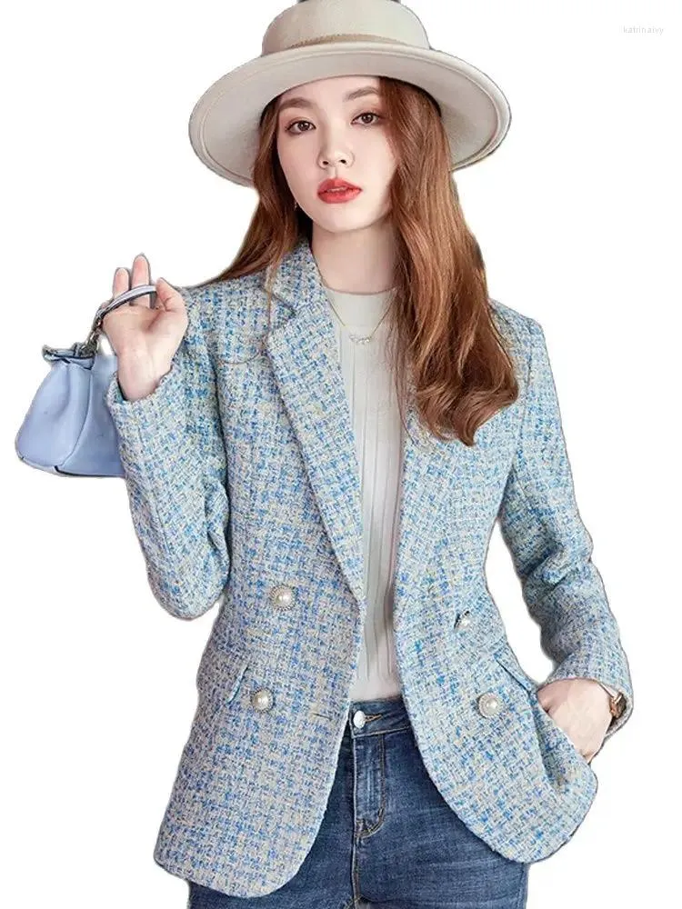 Abiti da donna Moda donna Blazer scozzese in tweed Cappotto Vintage Manica lunga Doppiopetto Capispalla femminile Top chic Giacche casual da donna