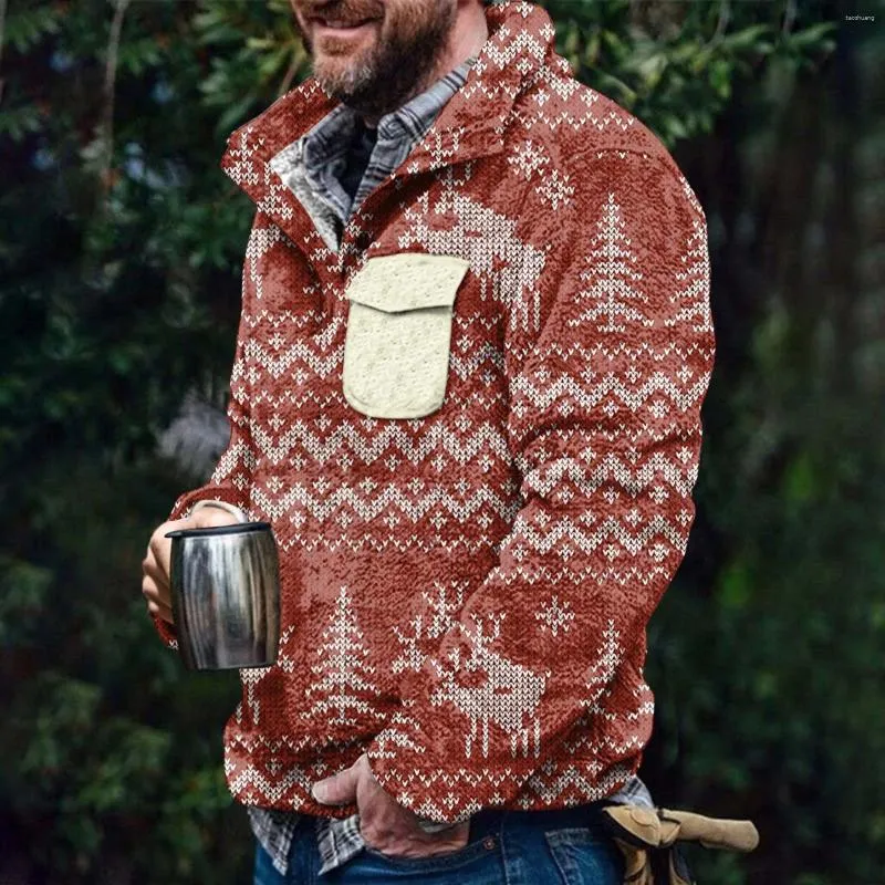 Christmas Print Sherpa Hoodie Mens Jacket Retro Ethnic Harajuku