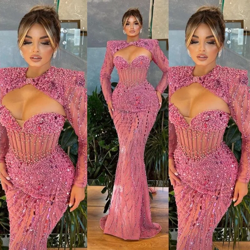 Mangas compridas Luxo Aso Ebi Prom Vestidos Plus Size Sereia Frisada Cristais Rehinestone Lantejoulas Vestido de Noite Gala Ocasião Vestidos Segundo Vestido de Recepção