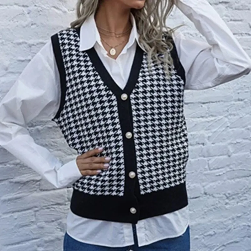 Kadın Yelekleri Houndstooth Örme Kadın Tank Top Açık ön V yaka siyah kolsuz kazak Kadın İlkbahar/Yaz Örgü Kadın Tank Top 230403