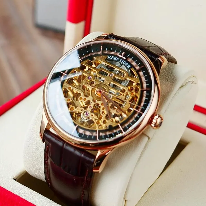 Wristwatches Reef Tiger RT Design Skeleton Watches For Men Rose