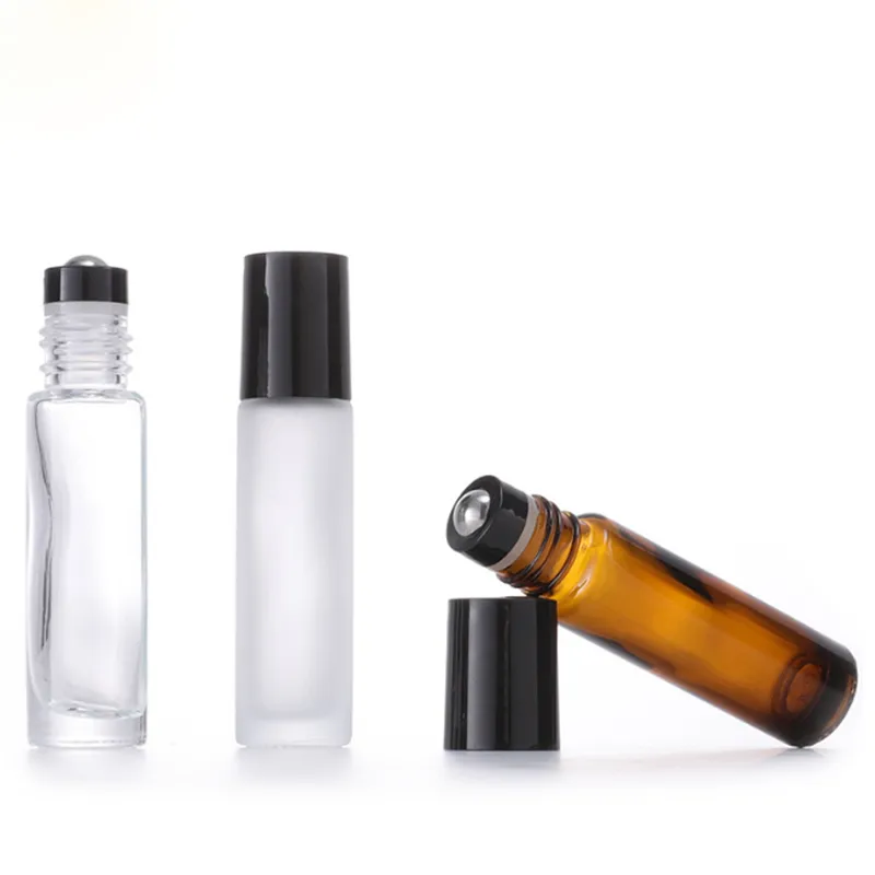 1/3 Oz rechargeable huile essentielle rouleau sur bouteilles 10 ml Transparent ambre verre dépoli vide parfum métal boule bouteilles