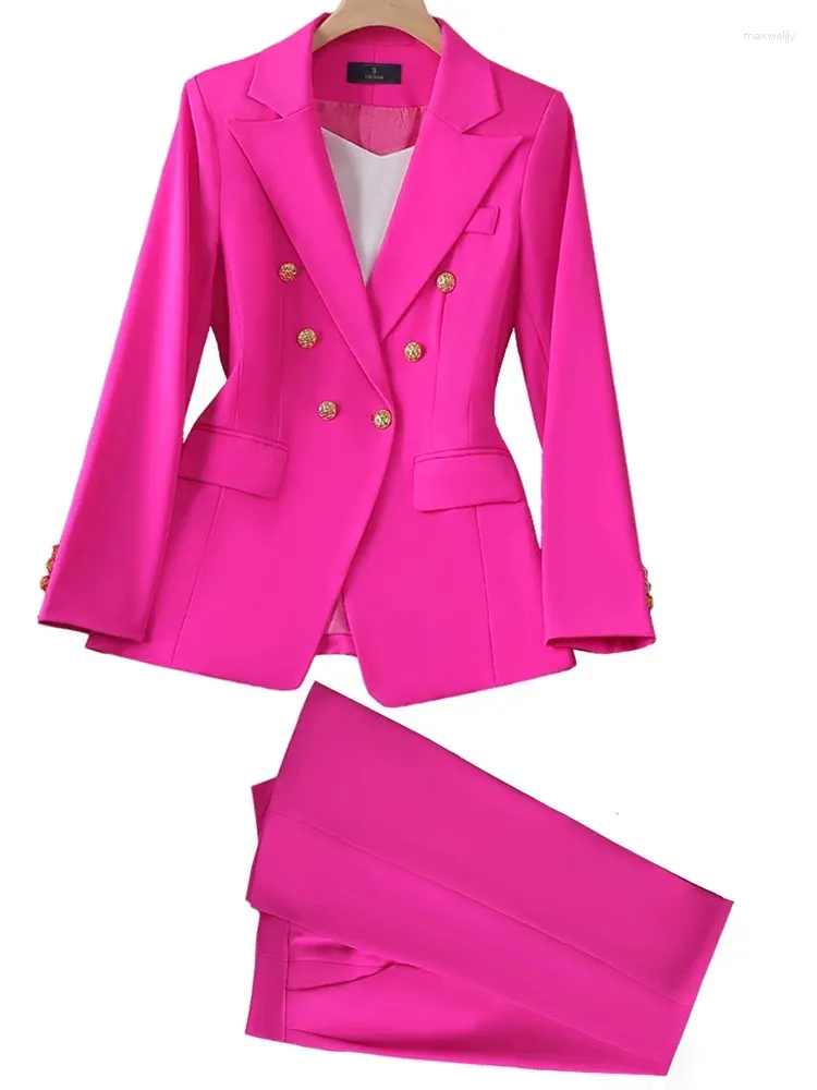 Женские брюки из двух предметов, 2023, формальный профессиональный костюм, блейзер с широкими штанинами, осень-зима, однотонная двубортная женская рабочая одежда, 2 комплекта
