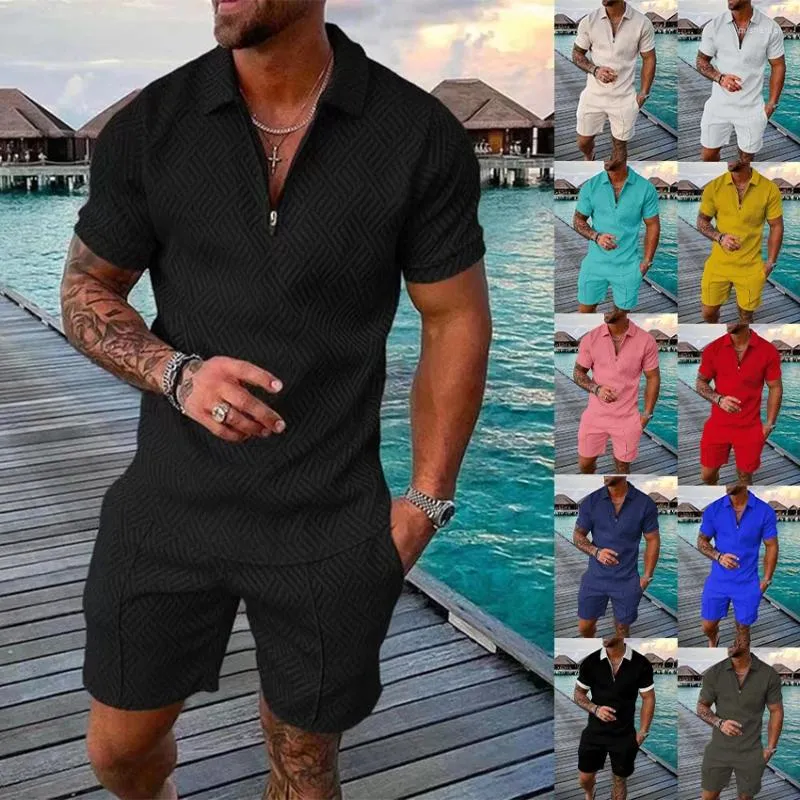 Fatos masculinos verão 2 peça shorts conjunto roupas masculinas casual zip polo treino terno de suor moda sweatsuit roupa conjuntos despeje hommes