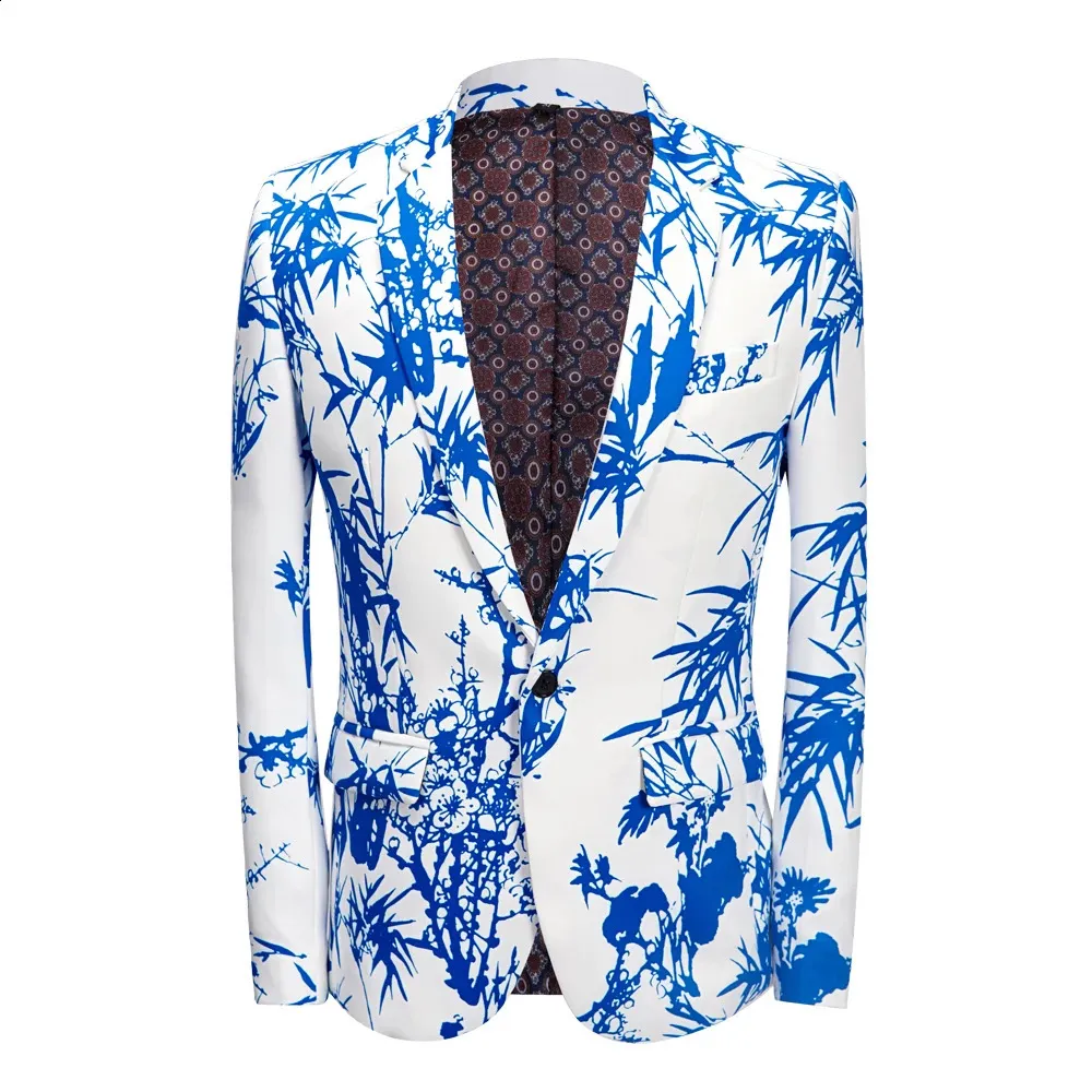 Męskie garnitury Blazers Mens Party Casual Blazer Print Blue Bamboo Wzór Wzór Slim Fit Odzież wydrukowana sukienka ślubna Suknia Ślubna 231102