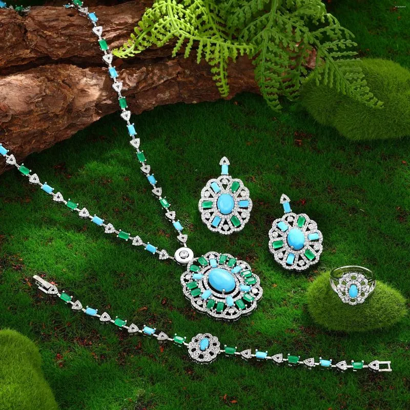 Necklace Earrings Set Luxury Saudi Arabia Turquoise Colourful Zircon Long Sweater Chain Earring Elegant Women Wedding Bridal Jewelry