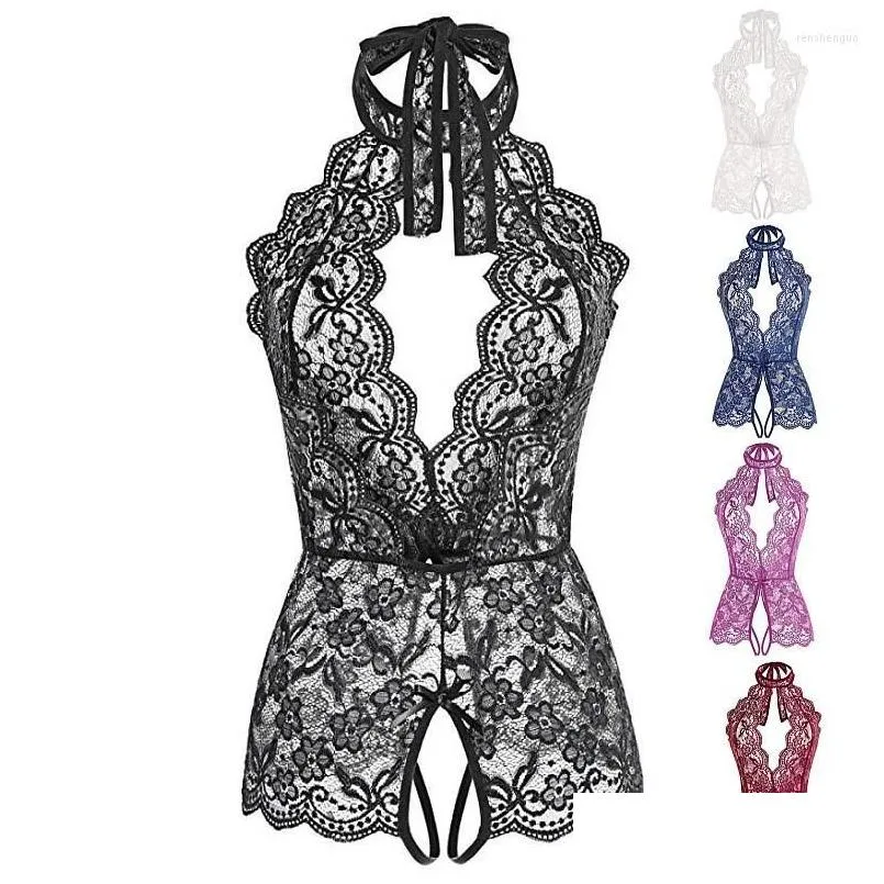 Women'S Sleepwear Womens Sleepwear Women Deep V Open Erotic Lingerie Lace Transparent Bra Set Y Costumes Crotchless Bodysuit Female Un Dhbko