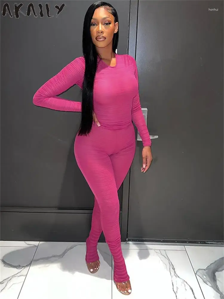 Kvinnors tvåbitar byxor Akaily Fall Orange Mesh 2 Set Womens Casual Outfits 2023 Pink See Through Long Sleeve Tops and Ladies