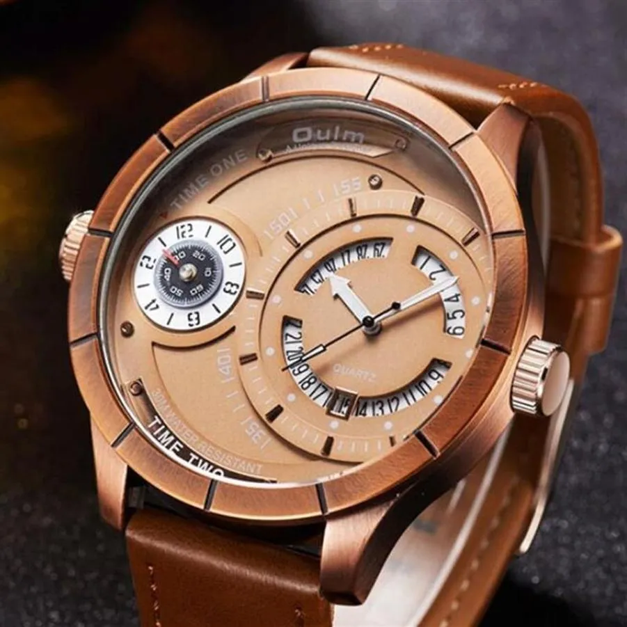 Wristwatches 2021 Personalized Watch Oulm Men Sports Waches Rose Gold Two Time Zone Calendar Quartz Big Watches Relogios Masculino268w
