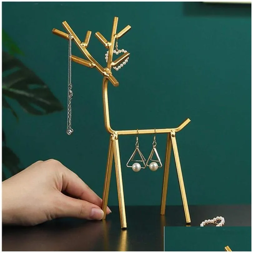 Jewelry Pouches Bags 3D Golden Display Stand Necklace Earrings Organizer Tree Geometric Deer Tower Rack For Rings Bracelets Dhgarden Dhnlh