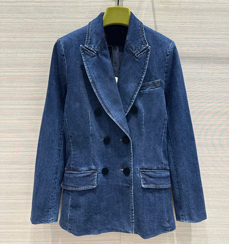 Chaqueta de Color liso azul de otoño 2023, chaqueta de manga larga con cuello de solapa y bolsillos dobles, chaquetas cruzadas, abrigo, prendas de vestir cortas Z3G312191