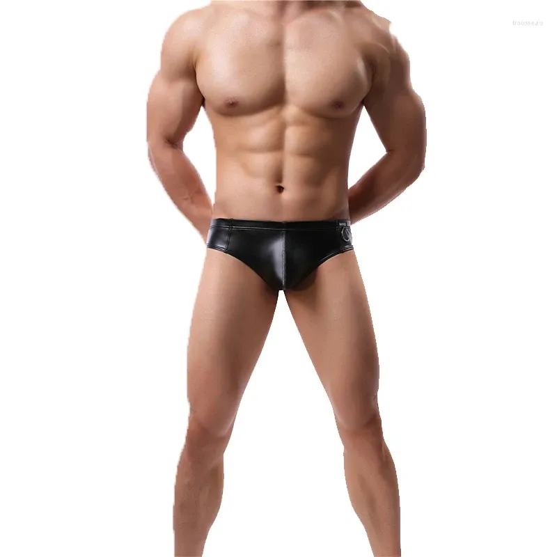 Underpants Faux Black Leather Men Mini Silver Metal Ring Decoration Stage Show Underwear Male Shorts Sexy Boxers