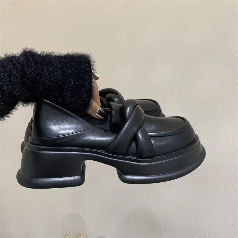 Talons grossiers Toe Round Black Platform Locs Fashion Retro chaussures plates Femme Slip on Casual Robe Femmes Pumps 230403 905
