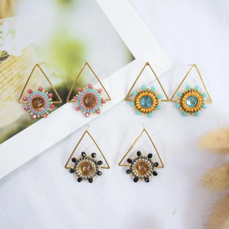 Stud Earrings Rice Bead Triangle Sunflower Originality Tide Geometry Bohemia Hand Knitting Crystal Alloy Beaded