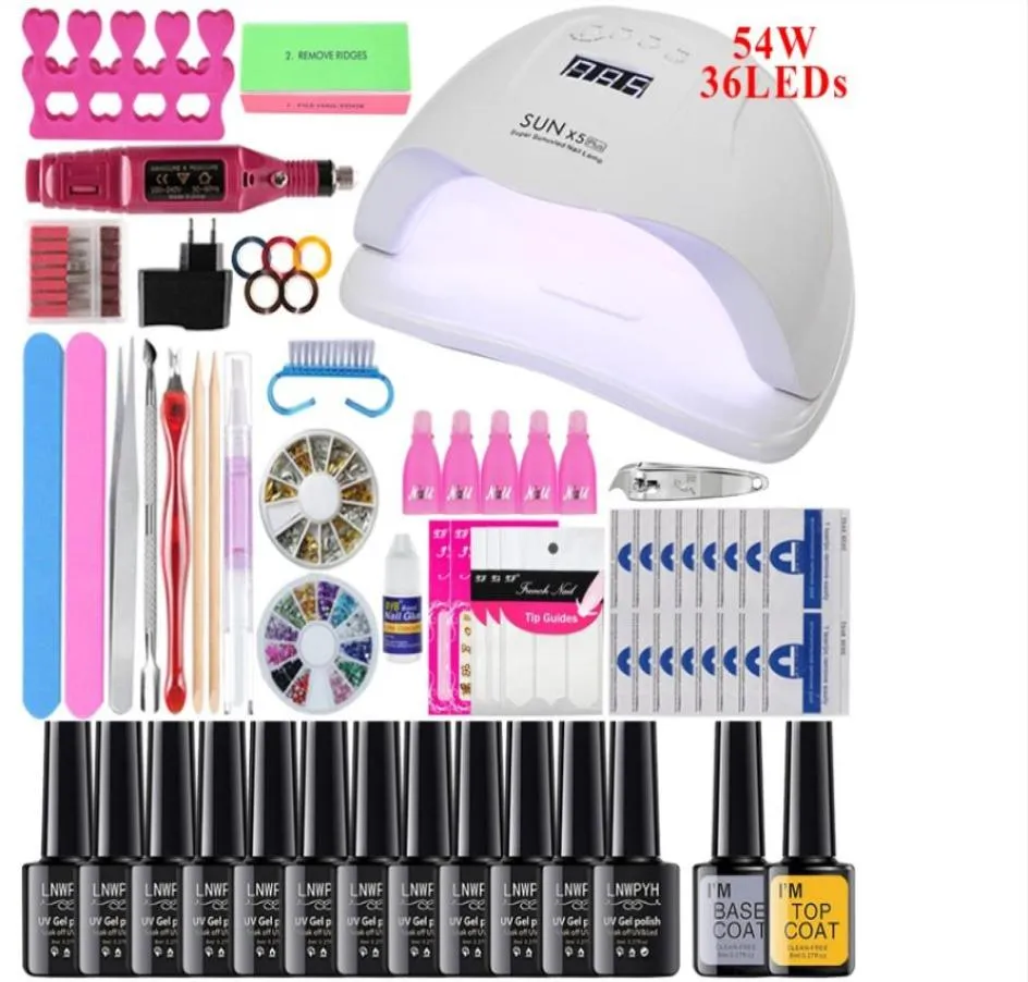 Nail Set 36W48W 54W LED UV Nail Lamp Kit 12st Gel Polish Soak Off Manicure Kit for Art Tools Electric Manicure Hand1602996