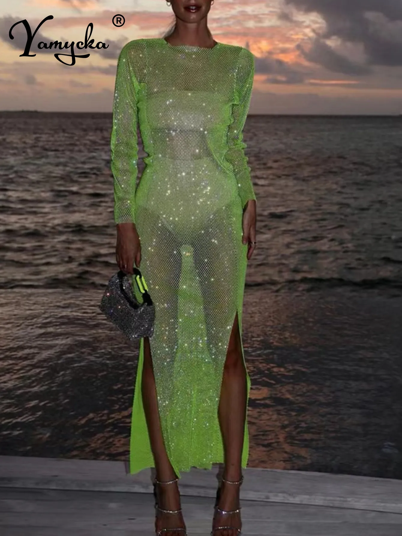 Повседневные платья сексуально смотрит через Maxi Club Summer Dress Женщины блеск вечерние платья для вечеринок длинные рыбки пляжного платья vestidos 230403