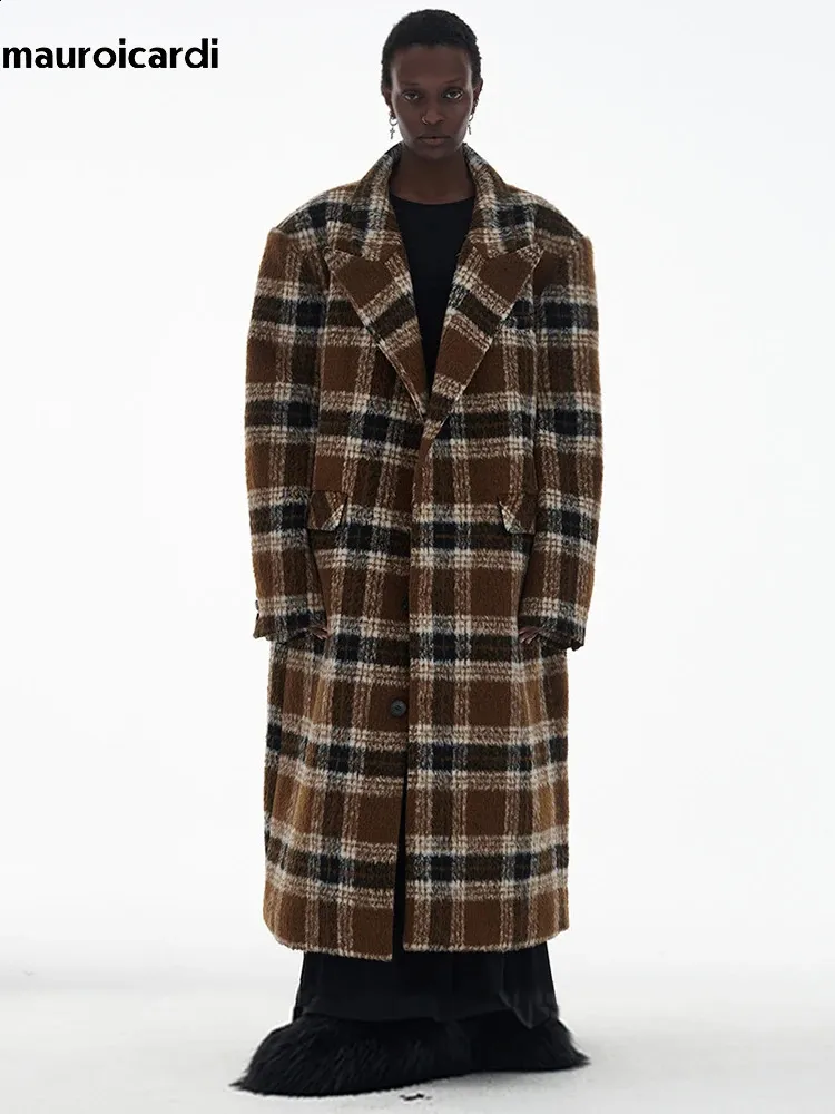 Men' Blends Mauroicardi Autumn Winter Oversized Long Thick Warm Colorful Plaid Coat Men Loose Runway European Fashion 2023 231102