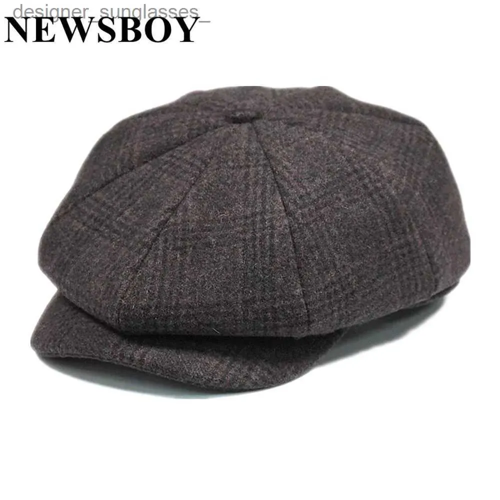 Berets NEWSBOY Wool Men Hat Tweed Plaid Newsboy C British Style Gatsby Flat C Woolen Octagonal Hat Autumn Winter Male BeretL231103