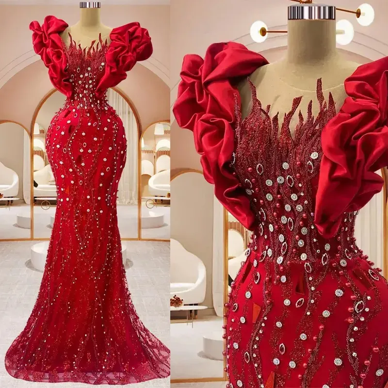 Sirena Aso Ebi Abiti da ballo Plus Size Foto reale Maniche ad aletta di lusso Cristalli con perline Strass Abito da sera con paillettes Abiti per occasioni di gala Secondo abito di ricevimento