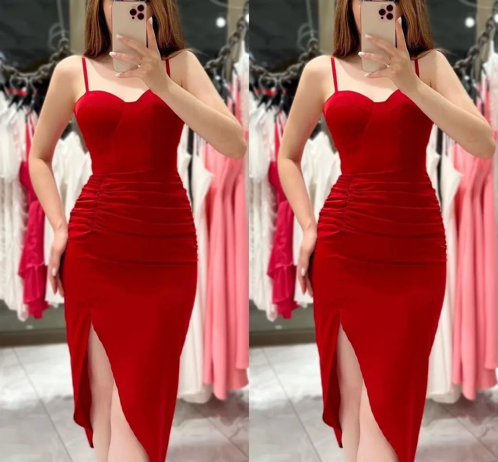 Simples vermelho curto bainha vestidos de cocktail cintas de espaguete plissados drapeados acima do joelho vestidos de baile de formatura formal festa de baile vestido de clube feito sob encomenda