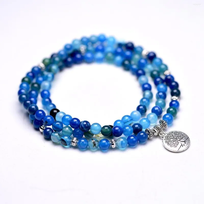 Strand handgjorda smycken blå linje onyx 108 mala halsband armband meditation ädelsten lotus bön pärlor kvinnor män